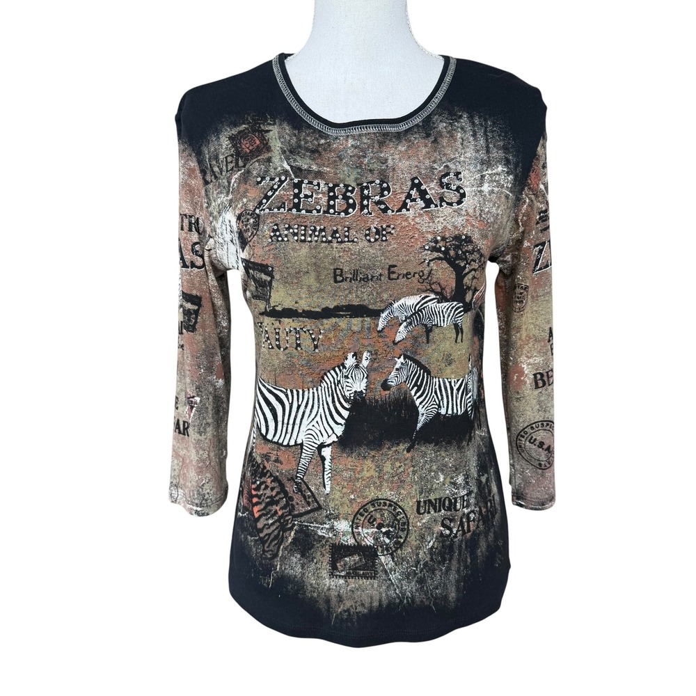 Vintage Zebra Safari Graphic Print Rhinestone 3/4 Sleeve Top Black Earth Tones